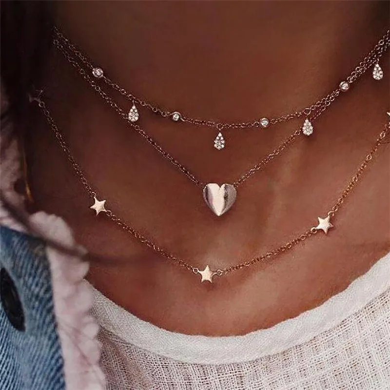 Women Necklace Multi-Layer Heart Star Water Drop Pendant Necklace Gold Color Chain Clavicle Necklace Anniversary Gift
Women Necklace Multi-Layer Heart Star Water Drop Pendant Necklace Gold Color Chain Clavicle Necklace Anniversary Gift