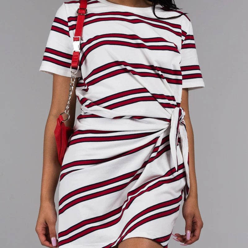 AKIRA Women's Striped Wrap Tie Waist Mini Cotton Knit Tshirt Dress
