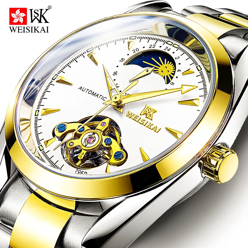 WEISIKAI Gold Reloj Automatic Watch Men Moon Phase Mechanical Watches Mens Waterproof Wristwatch Male Clock erkek kol saati
WEISIKAI Gold Reloj Automatic Watch Men Moon Phase Mechanical Watches Mens Waterproof Wristwatch Male Clock erkek kol saati