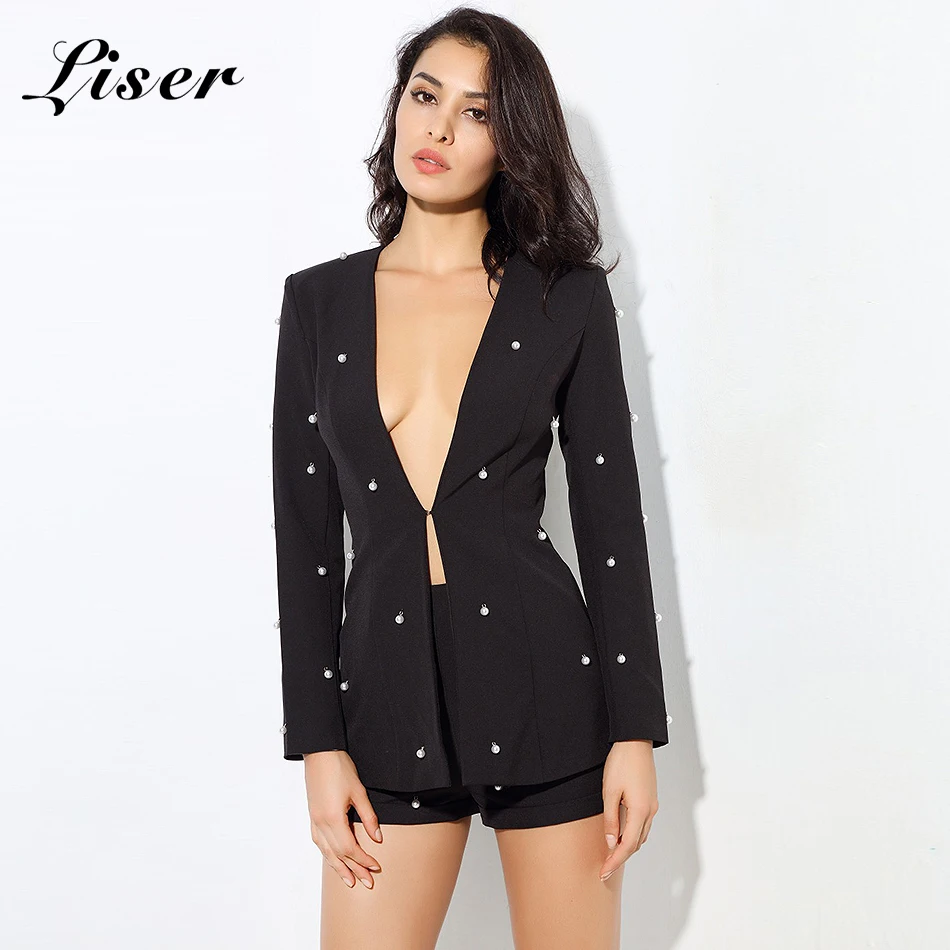 

Liser 2018 New Summer Women Jackets V Neck Beading Two Pieces Jackets Sexy Bodycon Elegant Celebrity Party Black Jacket Vestidos