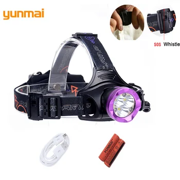 

2017 NEW Usb Cable 15000lm 6 Led Headlamp with SOS Whistle 3*XML-T6+3 Red Head Light Lamp use 18650 Battery for Camping Hiking