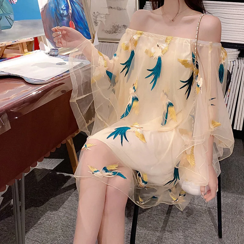 YingYuanFang Fashion new wild mesh embroidery word collar bat sleeve loose dress
YingYuanFang Fashion new wild mesh embroidery word collar bat sleeve loose dress
