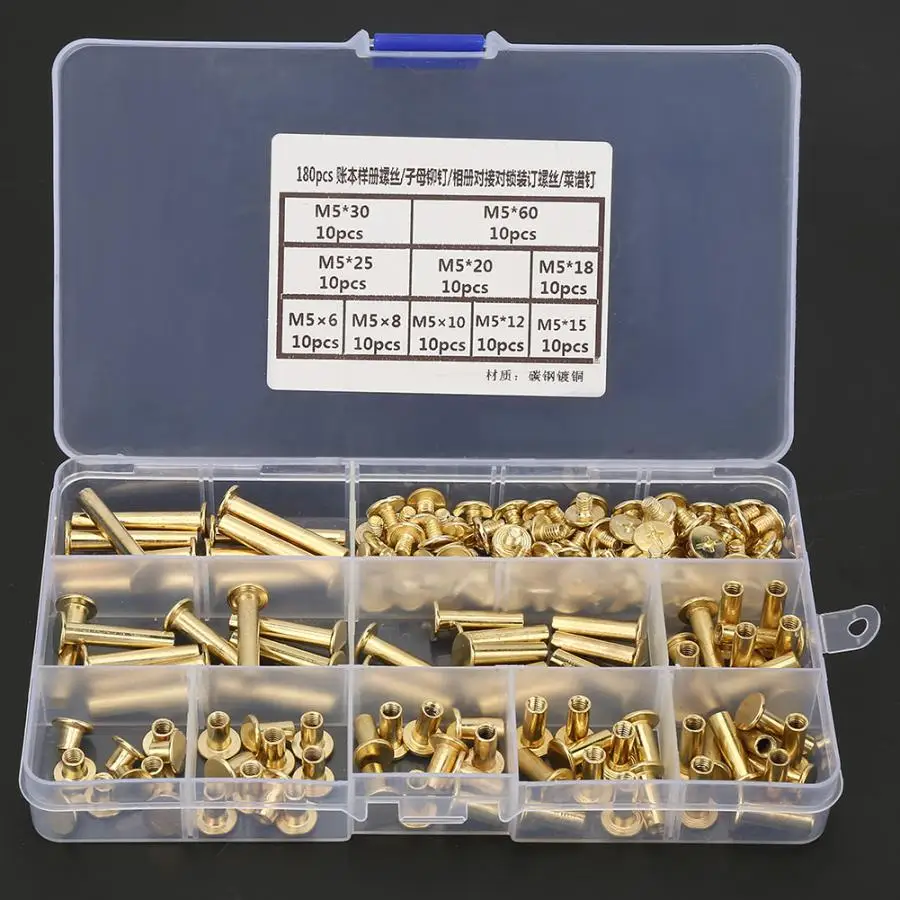 180Pcs M5*8-60mm Screws Set Photo Album Blinding Screws Book Butt Docking Rivet Assortment Kit Carbon Steel Wood Screws
180Pcs M5*8-60mm Screws Set Photo Album Blinding Screws Book Butt Docking Rivet Assortment Kit Carbon Steel Wood Screws
