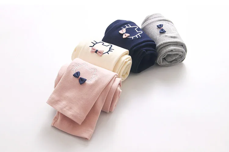 2018 Spring Autumn Kids Children Birthday Gift Solid Color Pink Navy Blue Gray Cat Bow Embroidery Butterfly Leggings For Girls (8)