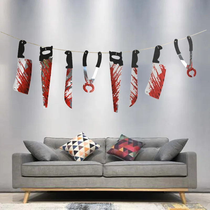 Halloween Horror Props Bloody Banner Hanging Paper Garland Scary Butcher Knife Chainsaw Weapon Bunting DIY Halloween Party Decor
Halloween Horror Props Bloody Banner Hanging Paper Garland Scary Butcher Knife Chainsaw Weapon Bunting DIY Halloween Party Decor