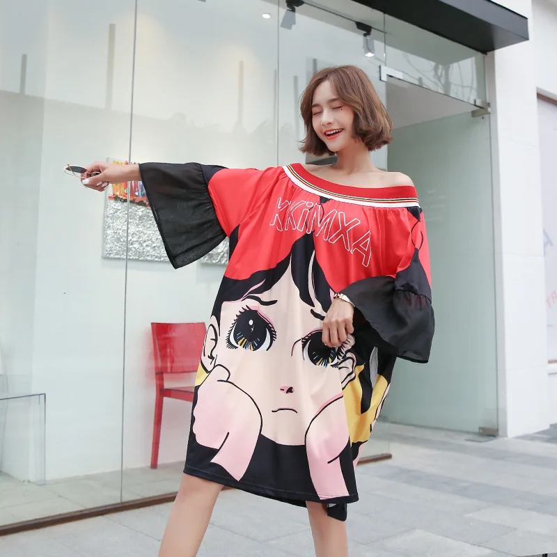 Cartoon Printed Summer T-Shirt Dress Sexy Boat Neck Pullovers Dress Ruffle Sleeve Big Size Loose Dresses For Women
Cartoon Printed Summer T-Shirt Dress Sexy Boat Neck Pullovers Dress Ruffle Sleeve Big Size Loose Dresses For Women