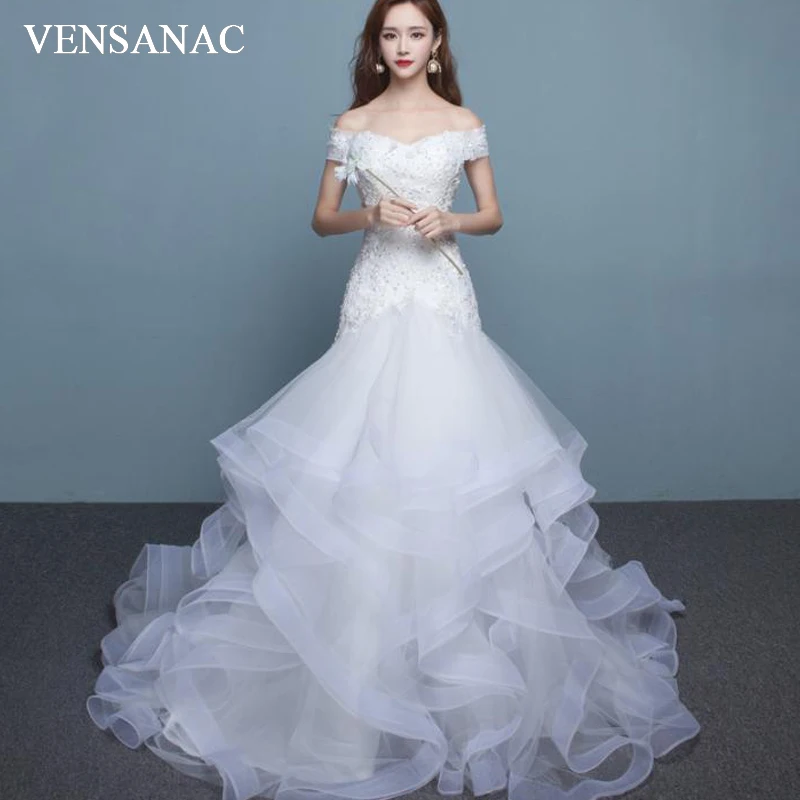 VENSANAC 2018 Sequined V Neck Tiered Tulle Sweep Train Mermaid Wedding Dresses Lace Appliques Short Sleeve Bridal Gowns
VENSANAC 2018 Sequined V Neck Tiered Tulle Sweep Train Mermaid Wedding Dresses Lace Appliques Short Sleeve Bridal Gowns