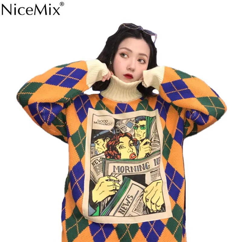 NiceMix Autumn Casual Knitted Cartoon Argyle Sweater Women Loose Long Turtleneck Pullovers Korean Jumpers Pull Femme Hiver 2019
NiceMix Autumn Casual Knitted Cartoon Argyle Sweater Women Loose Long Turtleneck Pullovers Korean Jumpers Pull Femme Hiver 2019