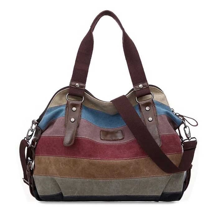 Image FGGS Fashion Vintage Women s Shoulder Color block Bag Canvas Tote Messenger Lady s Handbag Purse