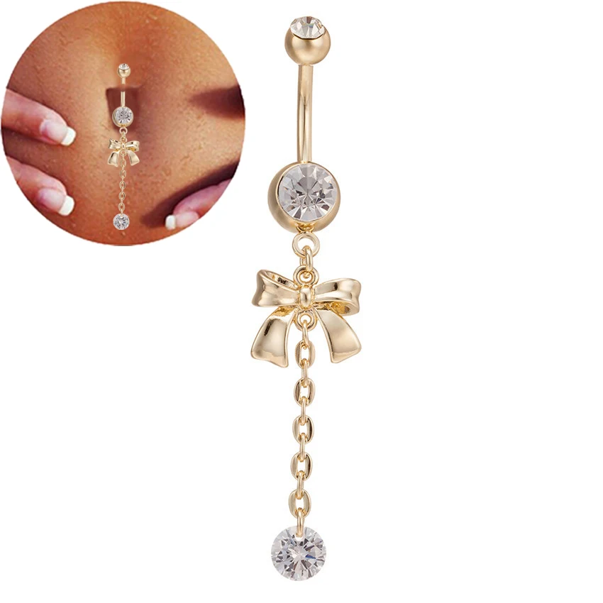 Dangle Bow Chains Jewelry Yellow Gold-Color Belly Button Rings Piercing Navel piercing de umbigo com Clear zirconia caveira
Dangle Bow Chains Jewelry Yellow Gold-Color Belly Button Rings Piercing Navel piercing de umbigo com Clear zirconia caveira