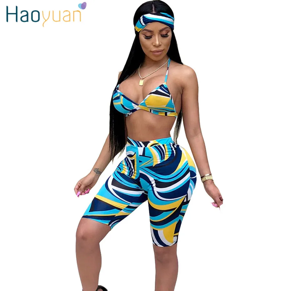 HAOYUAN Sexy 3 Piece Set Women Head Scarf+Crop Tops+Bodycon Shorts Sweat Suits Boho Beach Summer Outfits Three Piece Tracksuit
HAOYUAN Sexy 3 Piece Set Women Head Scarf+Crop Tops+Bodycon Shorts Sweat Suits Boho Beach Summer Outfits Three Piece Tracksuit