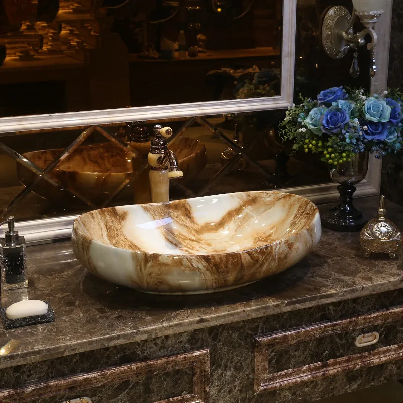 Oval Imitation marble Europe style chinese washbasin sink Jingdezhen Art Counter Top ceramic bathroom sink wash hand basin (3)