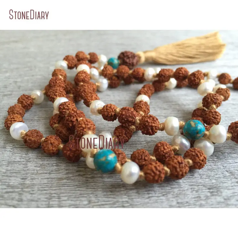 20180312-NM11009-Hand knotted Freshwater Pearl & Rudraksha 108 Bead Mala mosaic turquoise natural mantra meditation prayer beads lunar feminine wedding