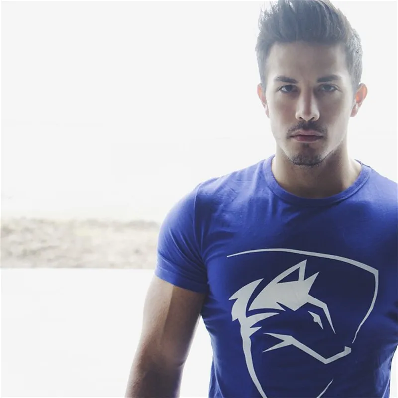 

Mens Summer Gym Sport Running Training T Shirt Wolf Print Gyms Fitness Bodybuilding Muscle Male Cotton Tee Tops