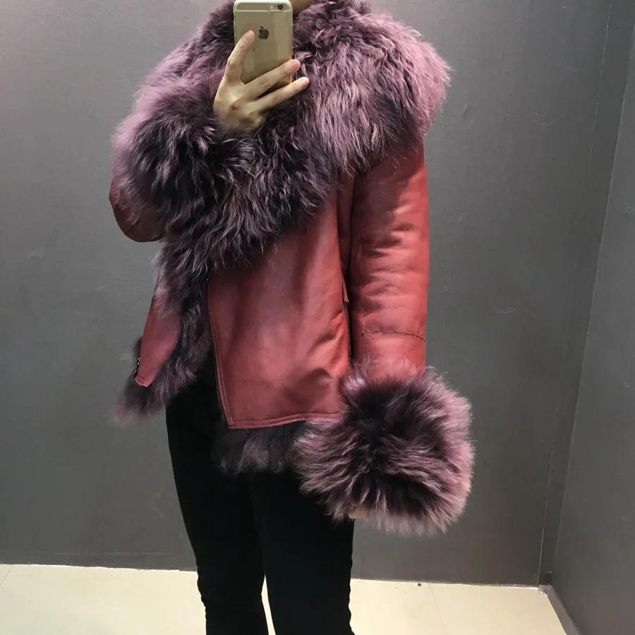 female fashion real sheep leather jacket with fur (2)