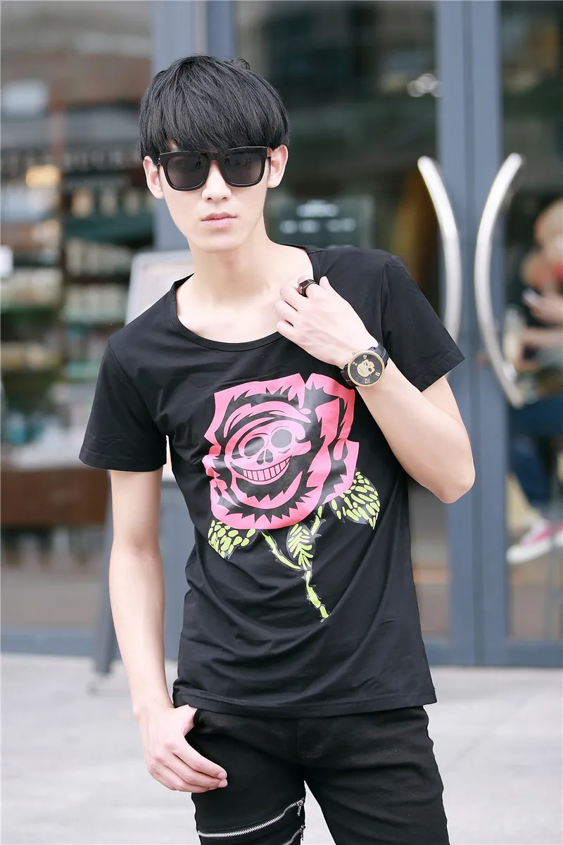 Мужская футболка с розовым черепом модная в стиле хип-хоп Корейском Новинка |