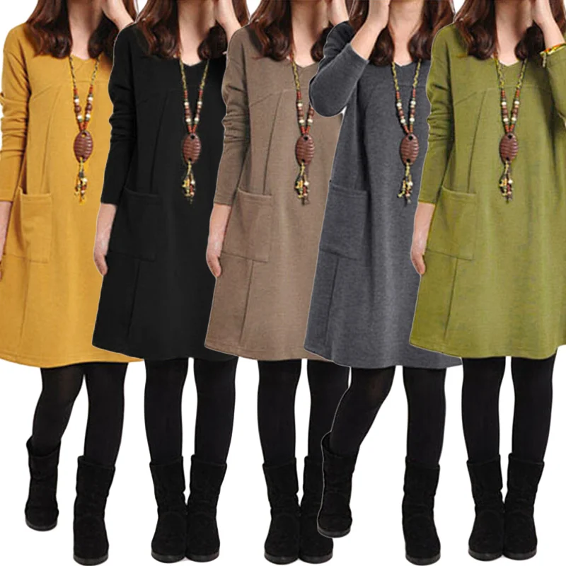 2019 Autumn Winter robe female Long Sleeves Mini Dress Plus Size 3XL 4XL 5XL Women School Dress Pockets Solid V Neck Loose Dress
2019 Autumn Winter robe female Long Sleeves Mini Dress Plus Size 3XL 4XL 5XL Women School Dress Pockets Solid V Neck Loose Dress