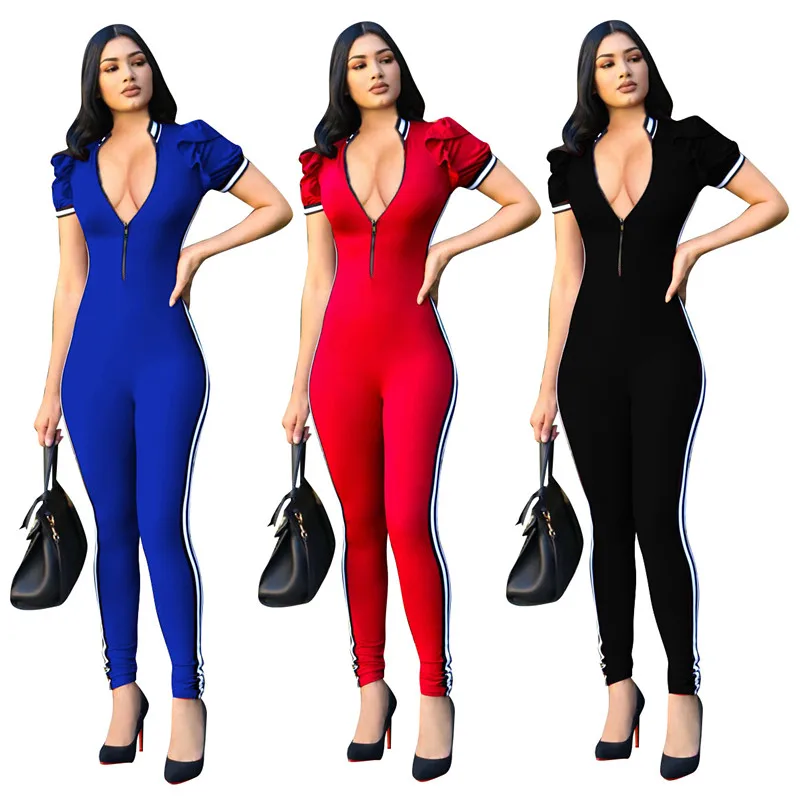 Sexy Bodycon Jumpsuit Long Romper Short Sleeve Bodysuit Women Zipper V Neck Jumpsuits 2019 Summer Side Striped Playsuits Overall
Sexy Bodycon Jumpsuit Long Romper Short Sleeve Bodysuit Women Zipper V Neck Jumpsuits 2019 Summer Side Striped Playsuits Overall