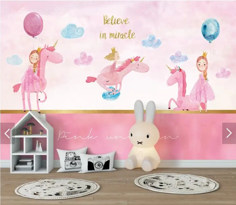 Розовая девушка Единорог Дети Спальня Настенная бумага фрески для гостиной