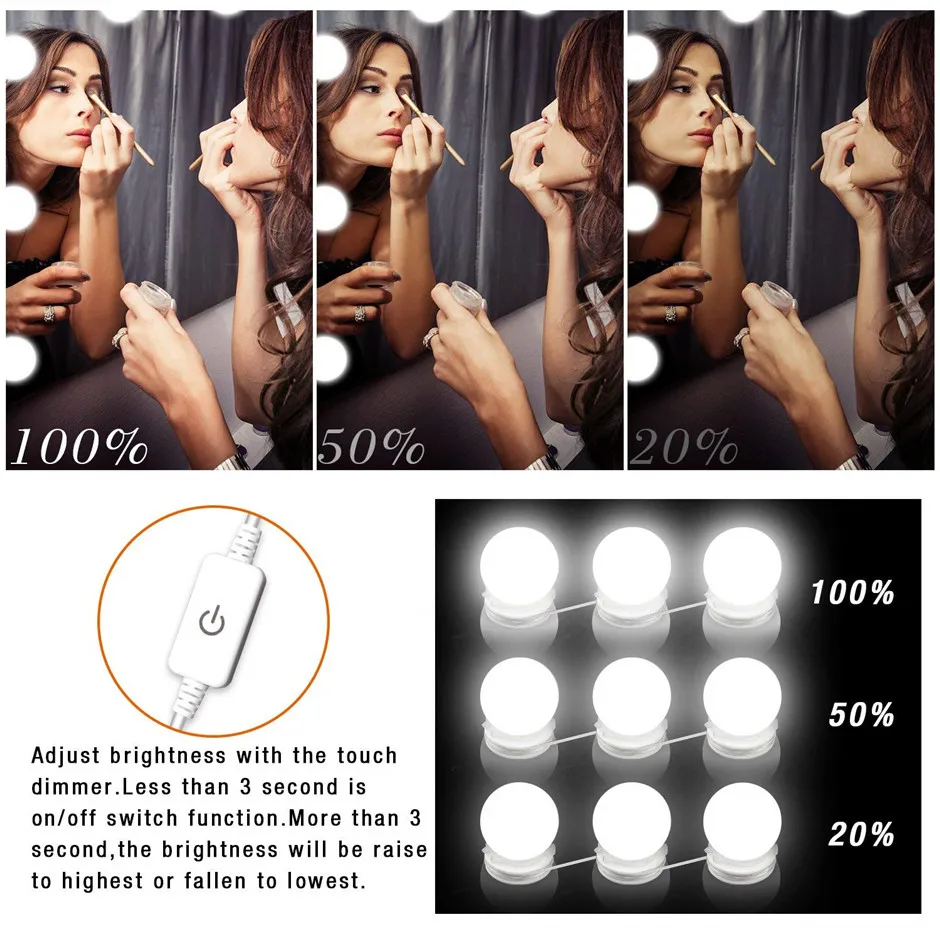 

LED 12V Makeup Mirror Light Bulb Hollywood Vanity Lights Stepless Dimmable Wall Lamp 6 10 12Bulbs Kit for Dressing Table BOLEDEN