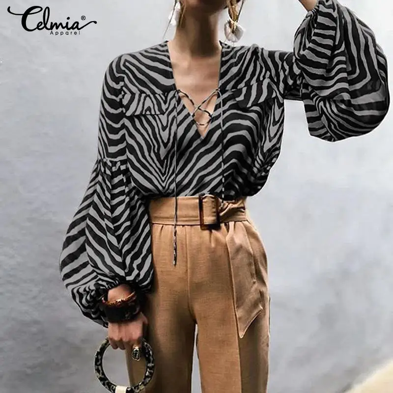 Women Zebra Print Blouses Shirts Celmia 2019 Autumn Casual Long Lantern Sleeve Female Tops Plus Size Loose Office Lace Up Blusas
Women Zebra Print Blouses Shirts Celmia 2019 Autumn Casual Long Lantern Sleeve Female Tops Plus Size Loose Office Lace Up Blusas