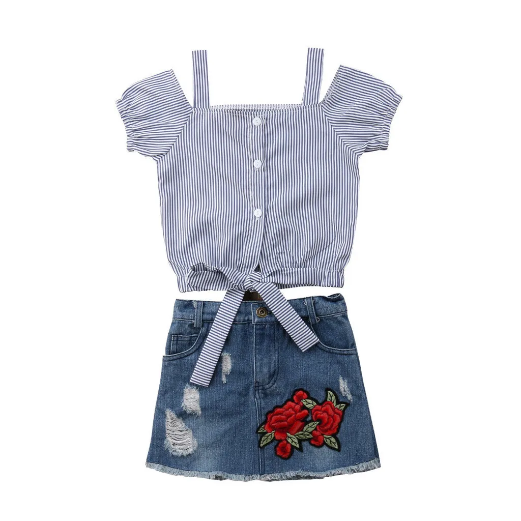 NEW Toddler Kids Baby Girls Outfits Flower Rose Striped T shirt Tops Denim Skirt Set clothes for girls 10 years vetement enfant
NEW Toddler Kids Baby Girls Outfits Flower Rose Striped T shirt Tops Denim Skirt Set clothes for girls 10 years vetement enfant