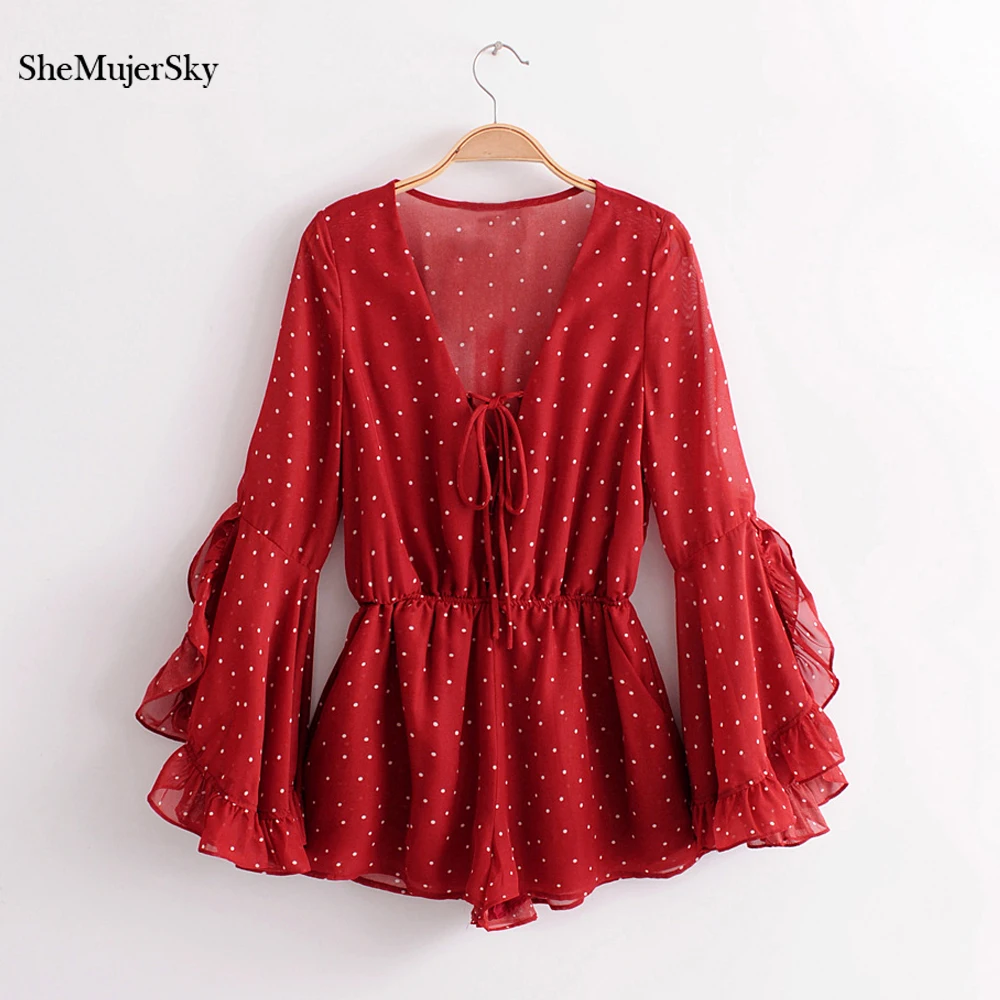 SheMujerSky Red Bohemian Playsuit Dot Printed Rompers Long Flare Sleeve Jumpsuit Elegant 2018 macacao curto
SheMujerSky Red Bohemian Playsuit Dot Printed Rompers Long Flare Sleeve Jumpsuit Elegant 2018 macacao curto