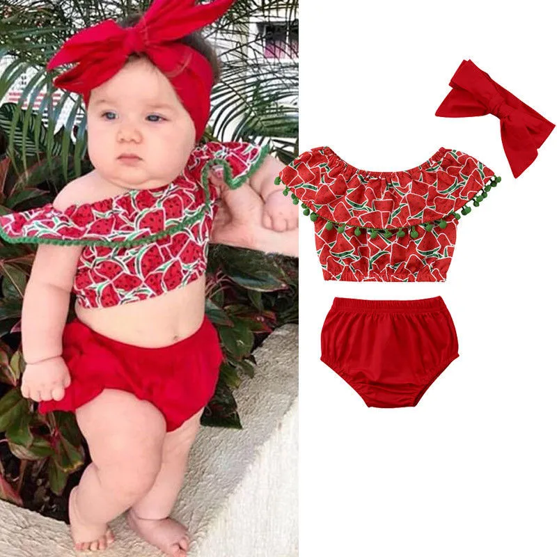 Newborn Baby Girls clothes Off Shoulder Ruffle tassels Watermelon print sleeveless Tops solid Shorts 3PCS kids cotton Outfits
Newborn Baby Girls clothes Off Shoulder Ruffle tassels Watermelon print sleeveless Tops solid Shorts 3PCS kids cotton Outfits