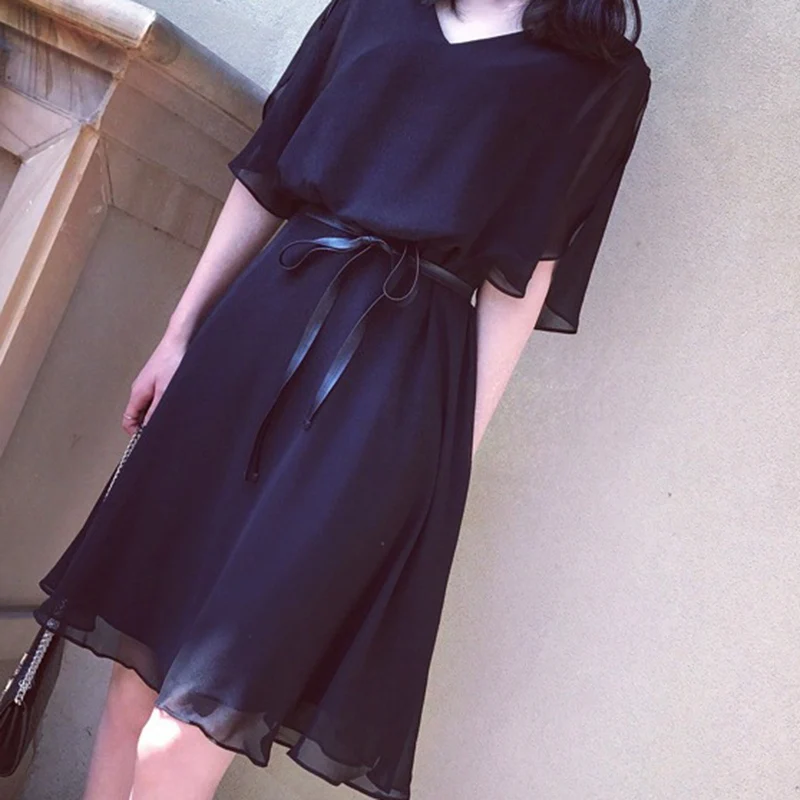 Plus Size 5XL V Neck Chiffon Slim Summer Dress Thin Belt Dress Short Sleeve Women Knee-Length Loose Black Dress Elegant Vestido
Plus Size 5XL V Neck Chiffon Slim Summer Dress Thin Belt Dress Short Sleeve Women Knee-Length Loose Black Dress Elegant Vestido