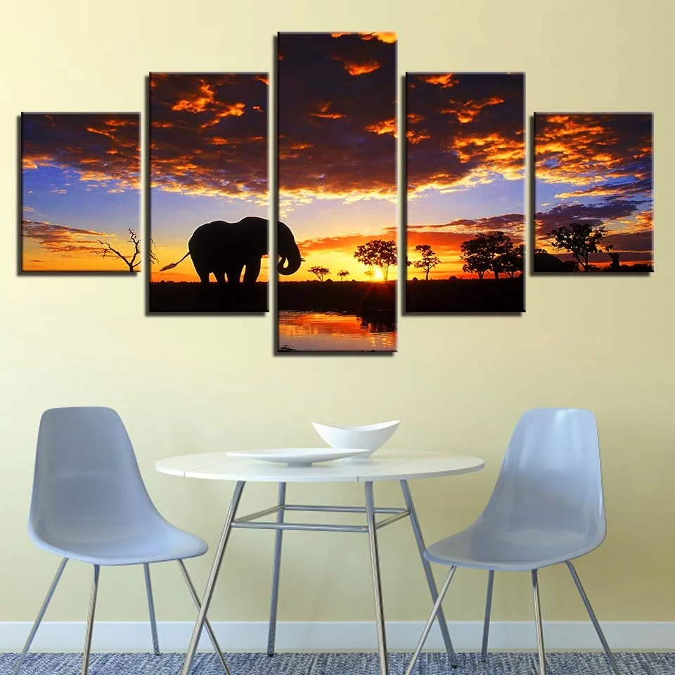 Canvas-Pictures-Frame-Home-Decor-HD-Prints-Trees-Scenery-Poster-5-Pieces-Elephant-In-Sunset-Lake (1)