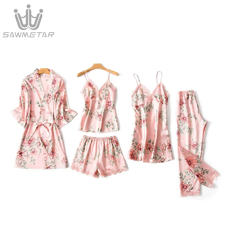 Women 5 Pieces Sexy Satin Sleepwear Silk Pajamas Sets Lace Woman Robe Floral Sleeveless Spaghetti Strap Pyjama With Chest Pads
Women 5 Pieces Sexy Satin Sleepwear Silk Pajamas Sets Lace Woman Robe Floral Sleeveless Spaghetti Strap Pyjama With Chest Pads