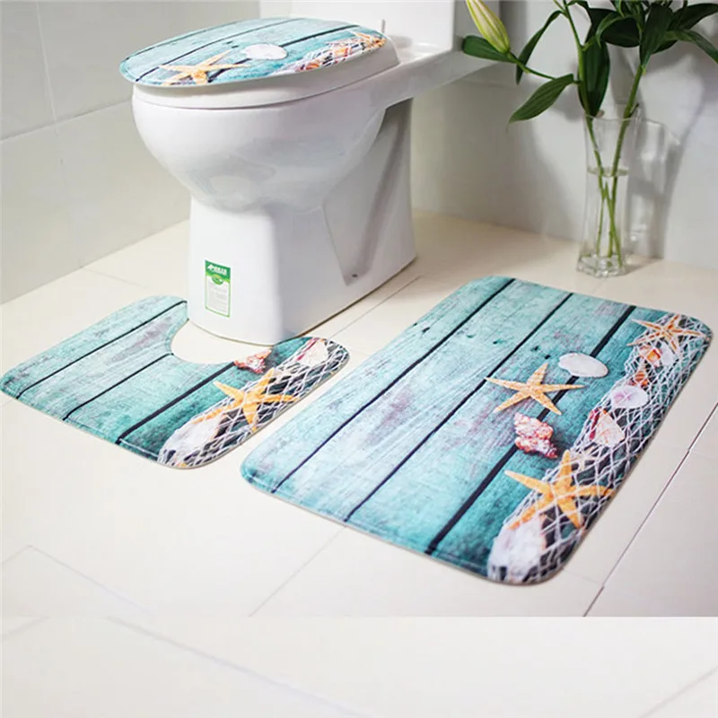 

Bath Mats Bathroom Sets Bathroom Non-Slip Blue Ocean Style Pedestal Rug + Lid Toilet Cover + Bath Mat set tappeti bagno #40