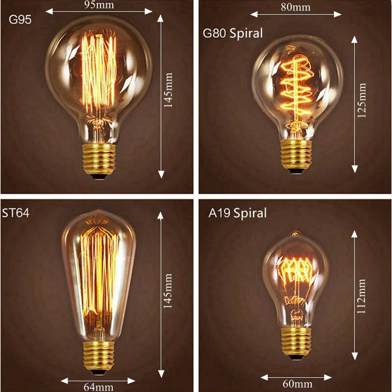 Edison Bulb e27 Retro Lamp ST64 T45 A19 G80 G95 T100 T185 Vintage Incandescent Bulb 220v Holiday Lights 40w Filament Lamp
Edison Bulb e27 Retro Lamp ST64 T45 A19 G80 G95 T100 T185 Vintage Incandescent Bulb 220v Holiday Lights 40w Filament Lamp