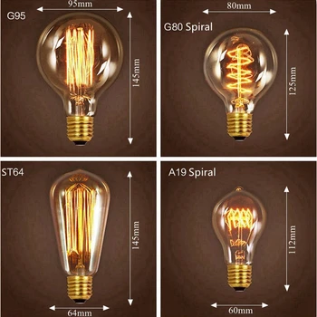 Edison Bulb e27 Retro Lamp ST64 T45 A19 G80 G95 T100 T185 Vintage Incandescent Bulb 220v Holiday Lights 40w Filament Lamp
Edison Bulb e27 Retro Lamp ST64 T45 A19 G80 G95 T100 T185 Vintage Incandescent Bulb 220v Holiday Lights 40w Filament Lamp