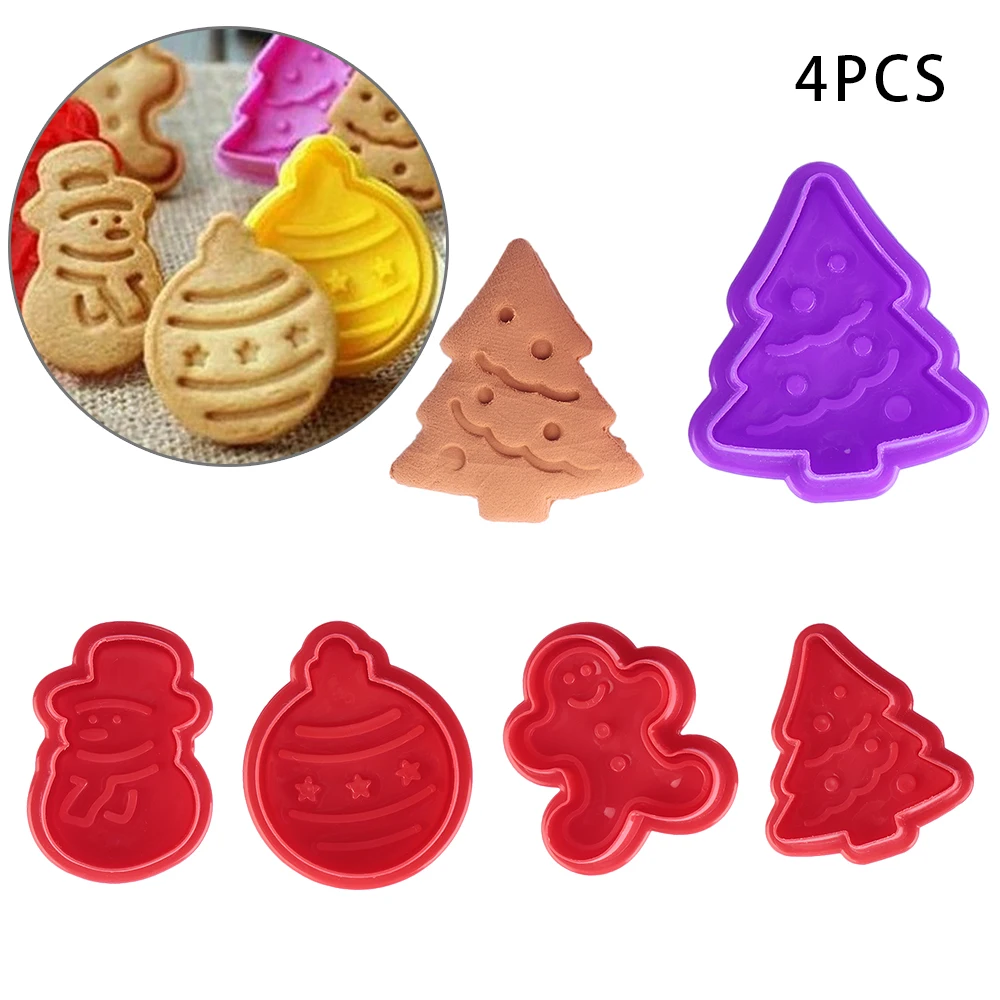 

4PCS Merry Christmas Biscuit Cookie Plunger Fondant Cutter Fondant Baking Mould Snowman/ Xmas Tree Pastry Decorating Tool