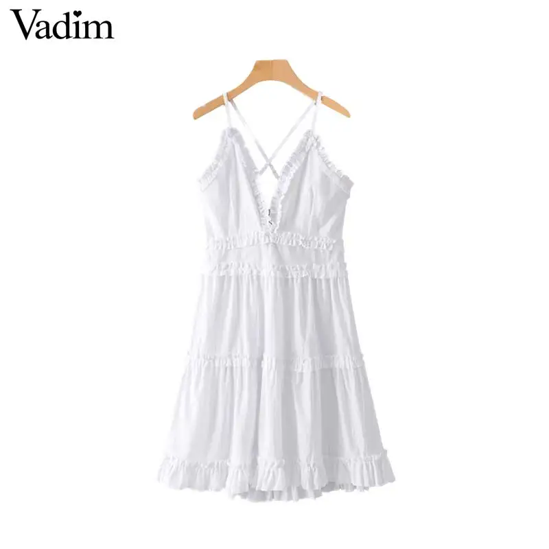 Vadim women solid deep V neck backless mini dress adjustable cross straps back zipper design white sexy female dresses QB644
Vadim women solid deep V neck backless mini dress adjustable cross straps back zipper design white sexy female dresses QB644