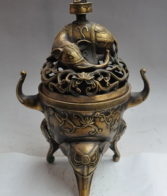 14" chinese fengshui bronze elephant flower statue Pierced incense burner Censer
14" chinese fengshui bronze elephant flower statue Pierced incense burner Censer
