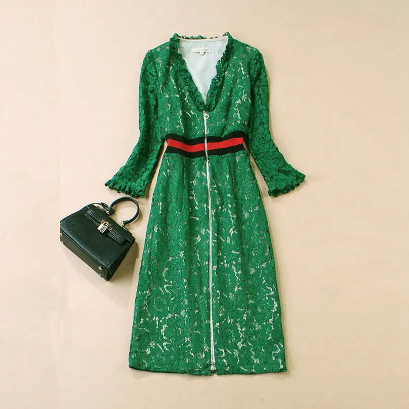 Top Quality 2016 Autumn Women Brand Green Lace Dress Sexy Deep V-Neck Flare Sleeve Hollow Out Ruffle Front Zipper Dresses R078
Top Quality 2016 Autumn Women Brand Green Lace Dress Sexy Deep V-Neck Flare Sleeve Hollow Out Ruffle Front Zipper Dresses R078