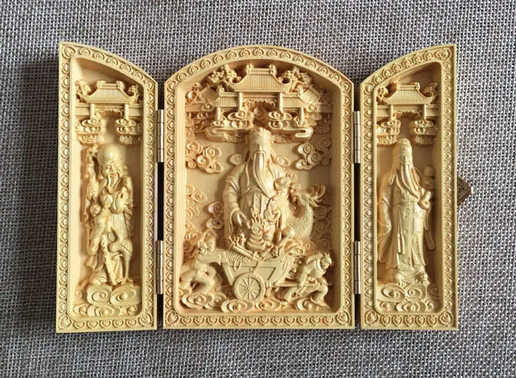 Hand-carved Chinese God Luck & Wealth & Long-lived Box-wood Sculpture Statue A75