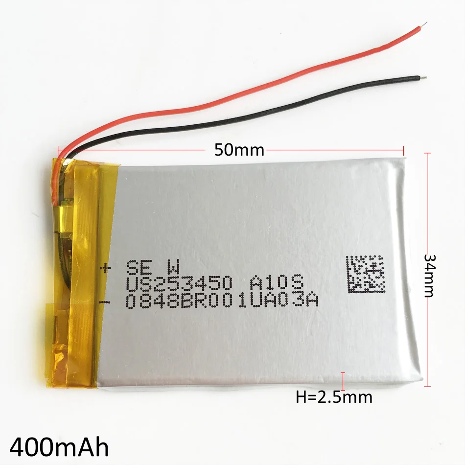 3.7V 400mAh 253450 Lithium Polymer LiPo Rechargeable Battery cells For Mp3 GPS PSP electronic part smart watch speaker headphone
3.7V 400mAh 253450 Lithium Polymer LiPo Rechargeable Battery cells For Mp3 GPS PSP electronic part smart watch speaker headphone