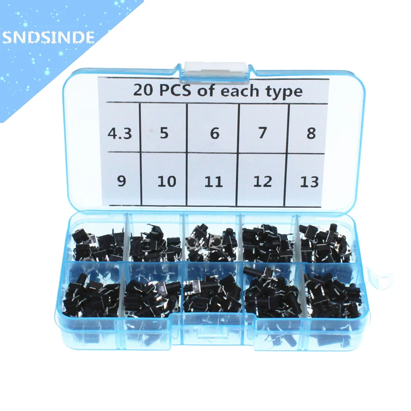 200pcs/10 models 6*6 Light micro touch Switch sets Push Button Switch Kit , Height: 4.3MM - 13MM DIP 4Pin 6x6 Keys Tact ON/OFF
200pcs/10 models 6*6 Light micro touch Switch sets Push Button Switch Kit , Height: 4.3MM - 13MM DIP 4Pin 6x6 Keys Tact ON/OFF