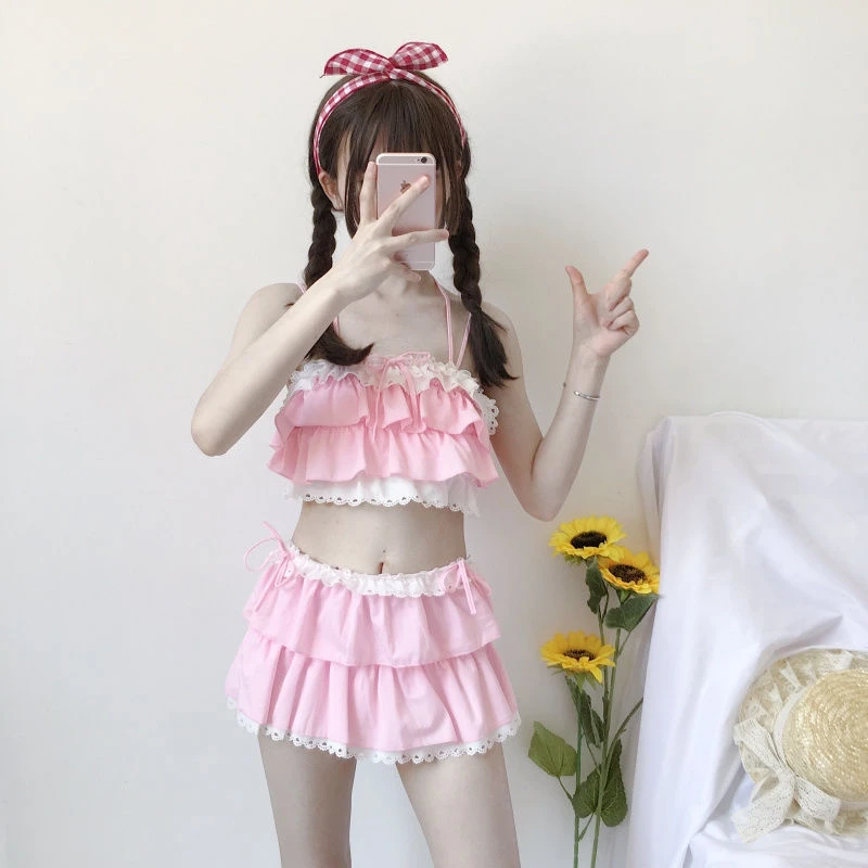 New Arrival Woman Lolita Bikini Cosplay Pink And Black Color Swimsuit Hollowed Multilayer Hem Biquini Women Swimsuit Free Delive New Arrival Woman Lolita Bikini Cosplay Pink And Black Color Swimsuit Hollowed Multilayer Hem Biquini Women Swimsuit Free Delive