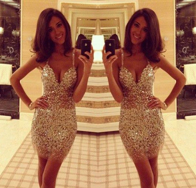 W138 Spaghetti Straps Sheath Cocktail Dress 2016 Formal Dress Sexy V neck Party Dress with Rhinestones and Crystals
W138 Spaghetti Straps Sheath Cocktail Dress 2016 Formal Dress Sexy V neck Party Dress with Rhinestones and Crystals