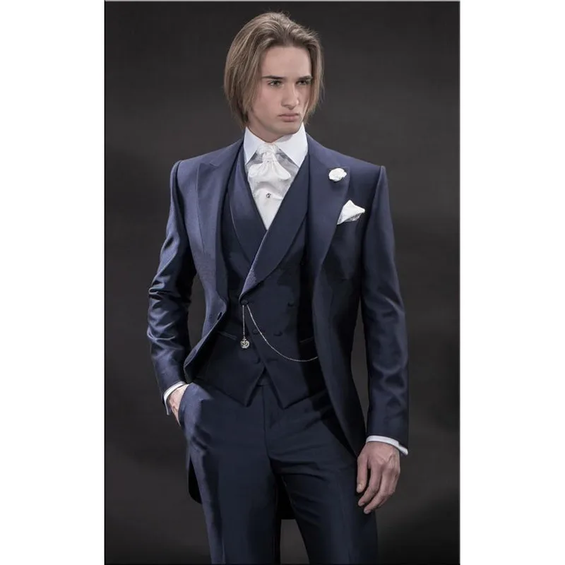 

Slim Fit Morning Style Groom Tuxedos Navy Blue Groomsman Peak Lapel Men Wedding Suits Bridegroom (Jacket+Pants+Tie+Vest)A179