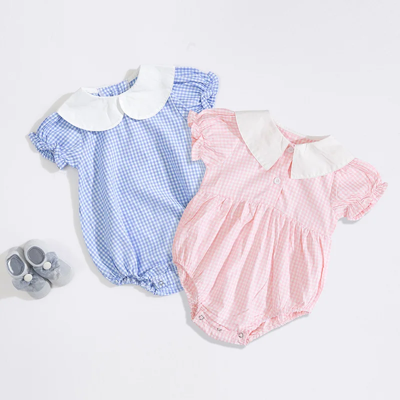 

Baby Girl's Short Sleeve Plaids Design 100% Cotton Casual Pink Rompers Triangle Design Spring Summer Bebi Rompers Set