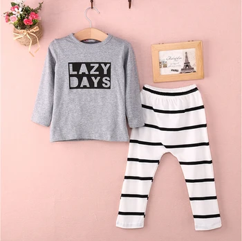 Pudcoco Kids Fall Clothes Long Sleeve Gray T-shirt and striped pants Letter Lazy Days
Pudcoco Kids Fall Clothes Long Sleeve Gray T-shirt and striped pants Letter Lazy Days