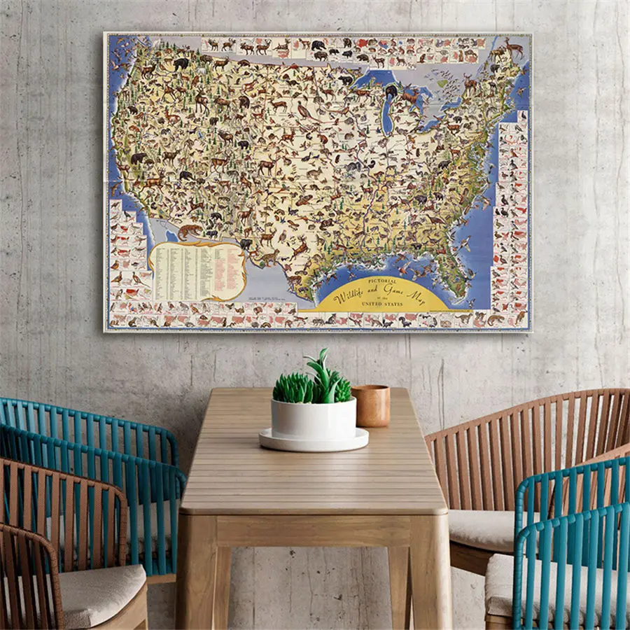 Antique Map of the United States Various Animals Detailed Introduction Canvas Drawing Print Wall Art Sticker School Home Decor | Дом и сад