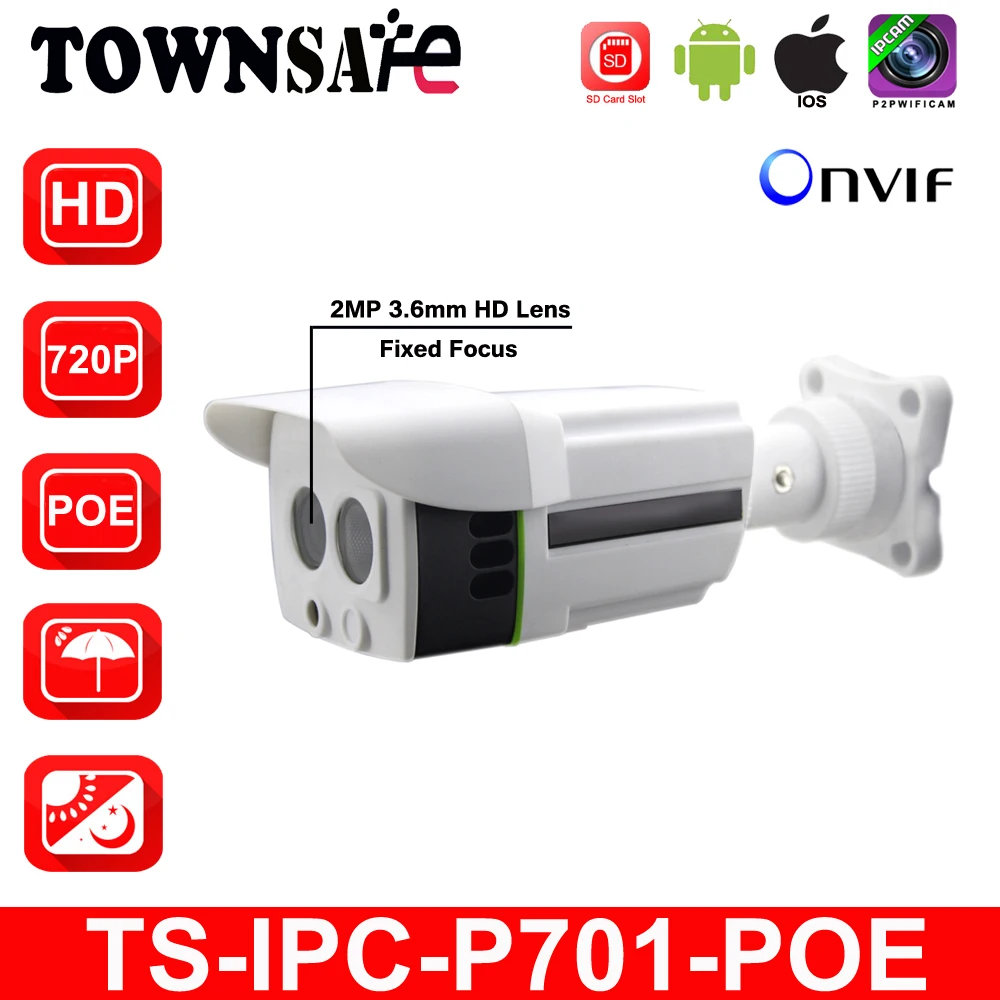 

TOWNSAFE new TS-IPC-P701-POE ONVIF HD 720P 1.0MP Bullet IP Camera Outdoor Waterproof IP66 Security IR with SD Card Slot POE P2P