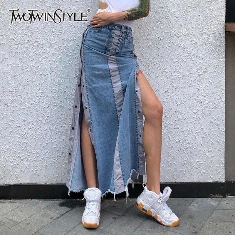TWOTWINSTYLE Summer Denim Skirt For Women High Waist Button Tassel Patchwork Side Split Skirts Female Fashion Clothes 2019
TWOTWINSTYLE Summer Denim Skirt For Women High Waist Button Tassel Patchwork Side Split Skirts Female Fashion Clothes 2019