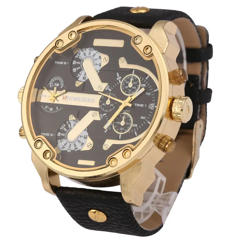 Фото Brand Shiweibao Quartz Watches Men Fashion Watch Leather Strap Golden Case Relogio Masculino Dual Time Zones Military Wristwatch | Наручные